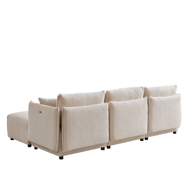 Modular Sectional Sofa with Chaise Lounge, Corduroy Upholstered 4 Seater Sofa, Corner Sofa with 2 Cushions & USB Charging Ports