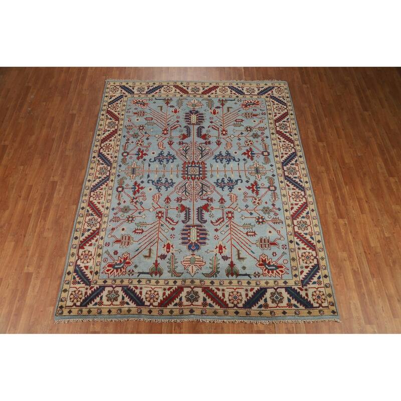 Light Blue Heriz Serapi Indian Area Rug Hand-Knotted Wool Carpet - 7'9" x 9'9"