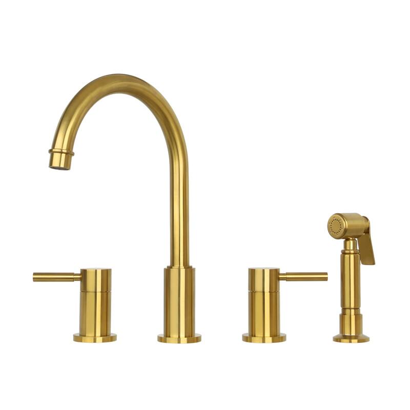 Two-Handles Copper Widespread Kitchen Faucet with Side Sprayer - Brass Gold