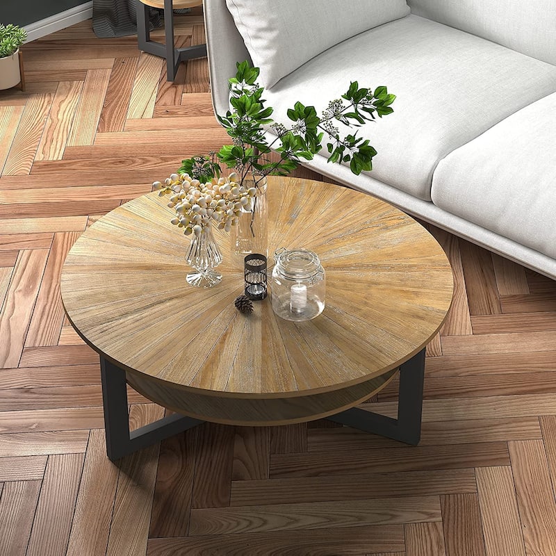 Round Coffee Table with Solid Wood Storage Circle Center Table - Coffee Table - Rustic Wood