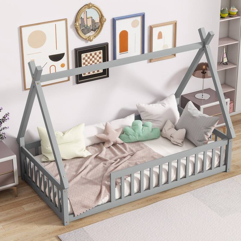 Twin Size Tent-shaped Floor Bed with Guardrails and Slats