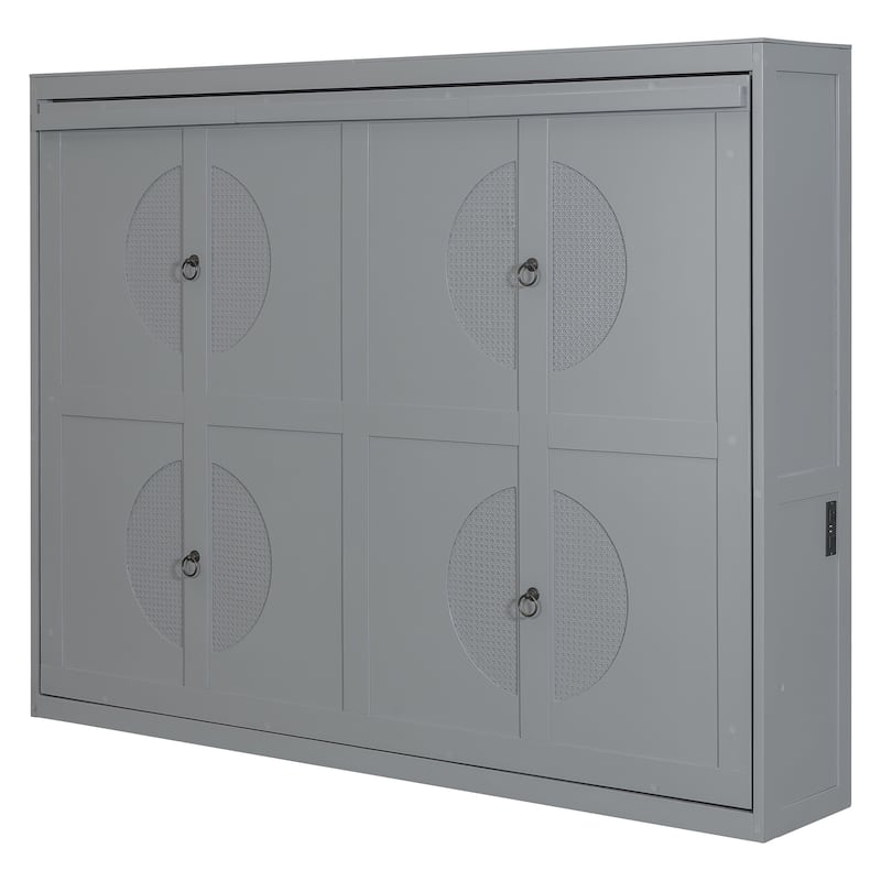 Murphy Bed Cabinet Bed with Circular Carving Pattern and Built-in Charging Station for a Multi-use Guest Room, Home Office