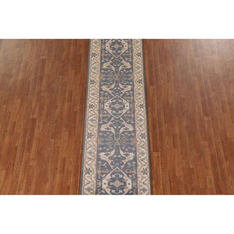 Floral Blue Oushak Oriental Runner Rug Handmade Wool Carpet - 2'8"x 9'10"