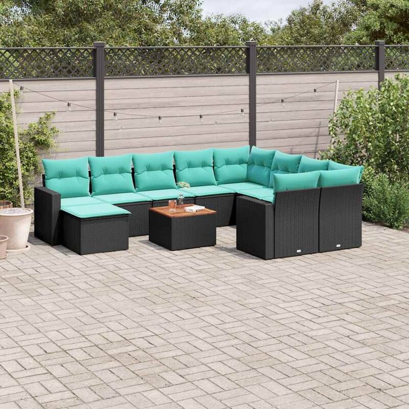 vidaXL 11 Piece Patio Sofa Set with Cushions Black Poly Rattan - 24.4x24.4x27.2