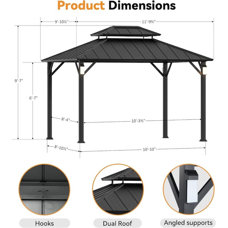 Permanent Hardtop Gazebo 10' x 12' with 4 LED Lights, Grill Gazebo with Galvanized Steel Double Roof, Mosquito Nettings, Black