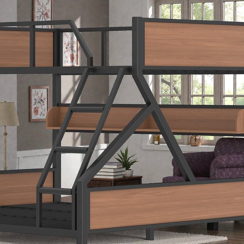 Metal Bunk Bed with Storage Shelves and LED Lights, Space Saving Noise Free Bunk Bed Frame with Guardrails