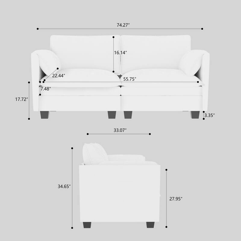 74.27" Modern Sofa Couch for Living Room, Deep Seat Sofas with Pillow Top Arms, Comfy 2-Seater Loveseat for Small Spaces