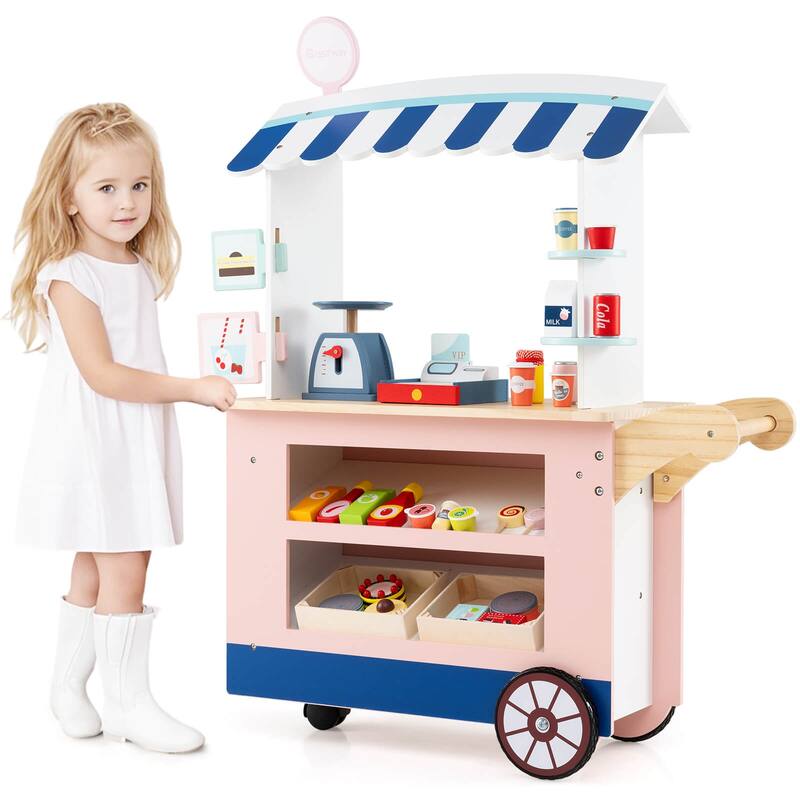 Costway Kids Snacks & Sweets Food Cart Kids Toy Cart Play Set with 30 - See Details - Pink