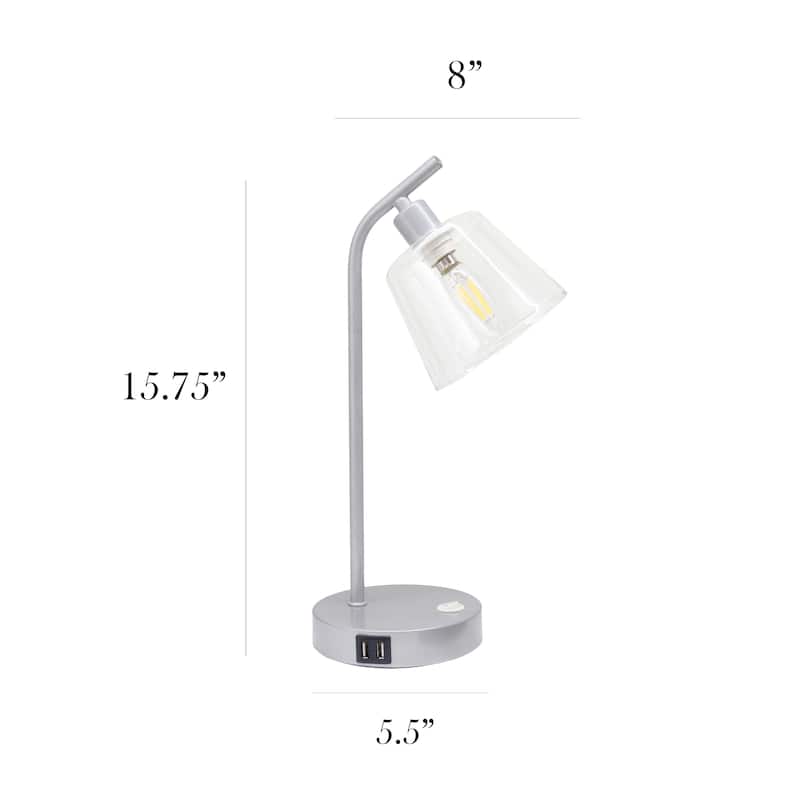 Modern Industrial Desk Lamp with Clear Glass Shade and Dual USB Charging Ports Multiple Colors - 8" (L) x 5.5" (W) x 15.75" (H)