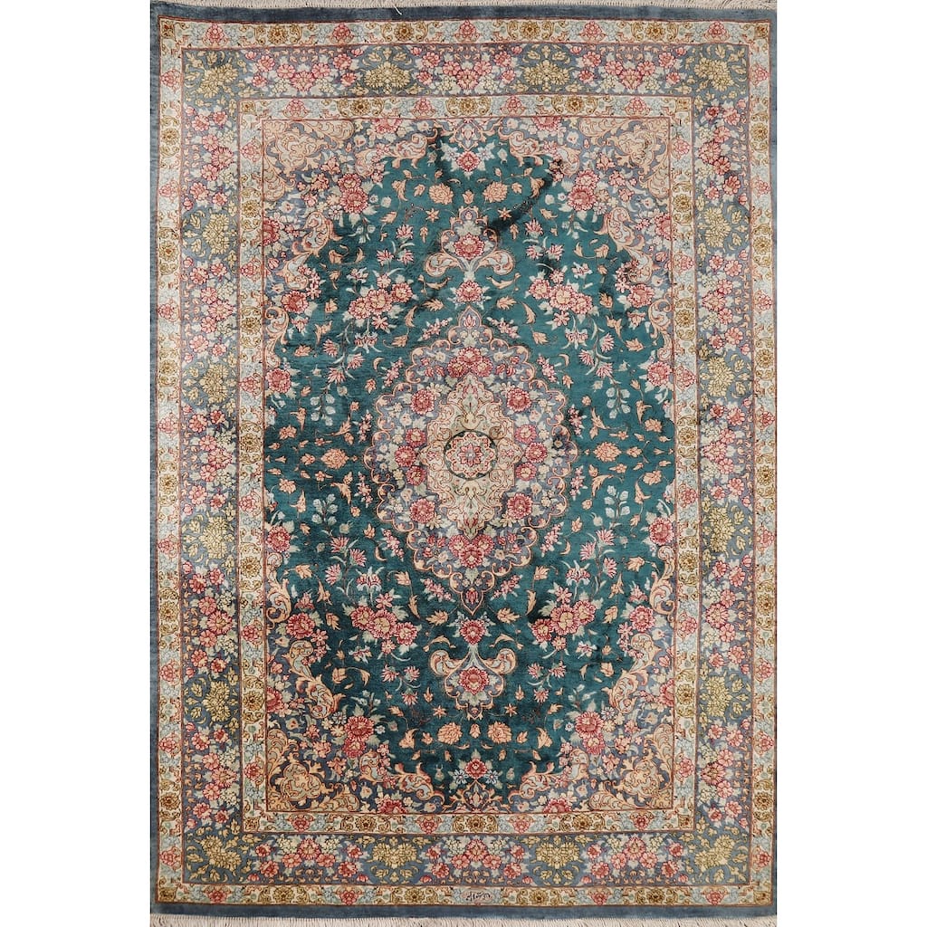 Floral Qum Persian Accent Rug Hand-Knotted Traditional Silk Carpet - 3'5"x 4'10"