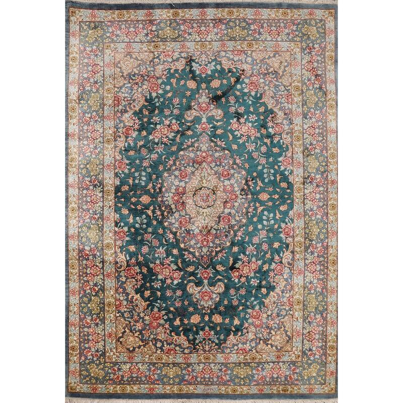 Floral Qum Persian Accent Rug Hand-Knotted Traditional Silk Carpet - 3'5"x 4'10"