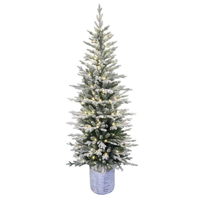 Puleo International 7.5' Pre-Lit Potted Flocked Arctic Fir Pencil Artificial Christmas Tree - 7.5