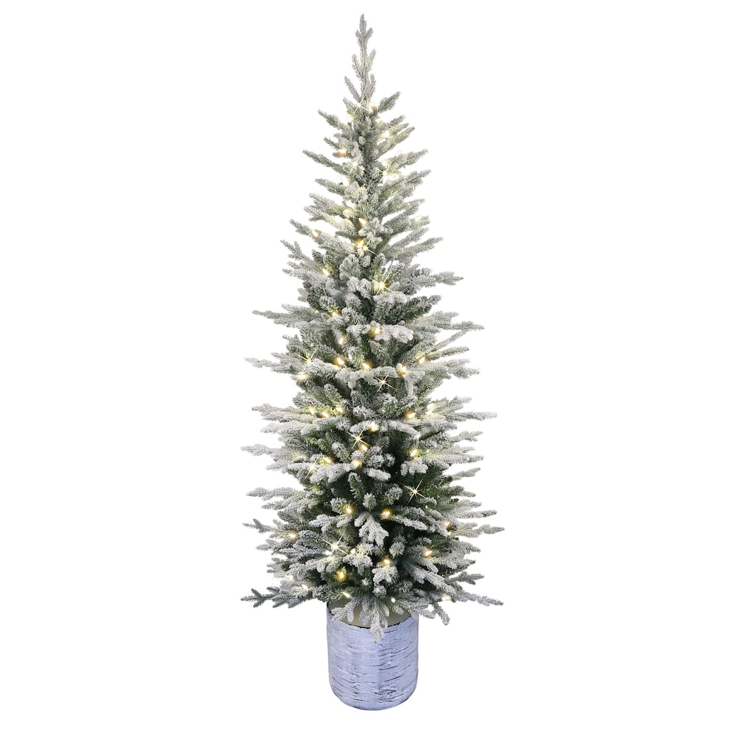 Puleo International 7.5' Pre-Lit Potted Flocked Arctic Fir Pencil Artificial Christmas Tree - 7.5