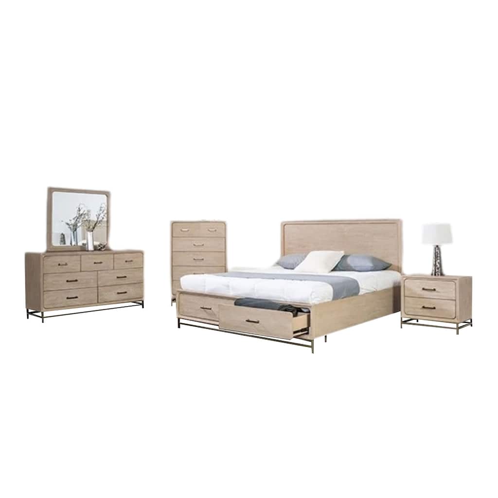 Rozie 5pc Queen Bedroom Set, Chest and Nightstand, Light Oak Brown