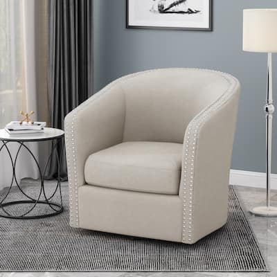 31.25" Upholstered Swivel Club Chair with Nailheads and Iron Legs for Living Room