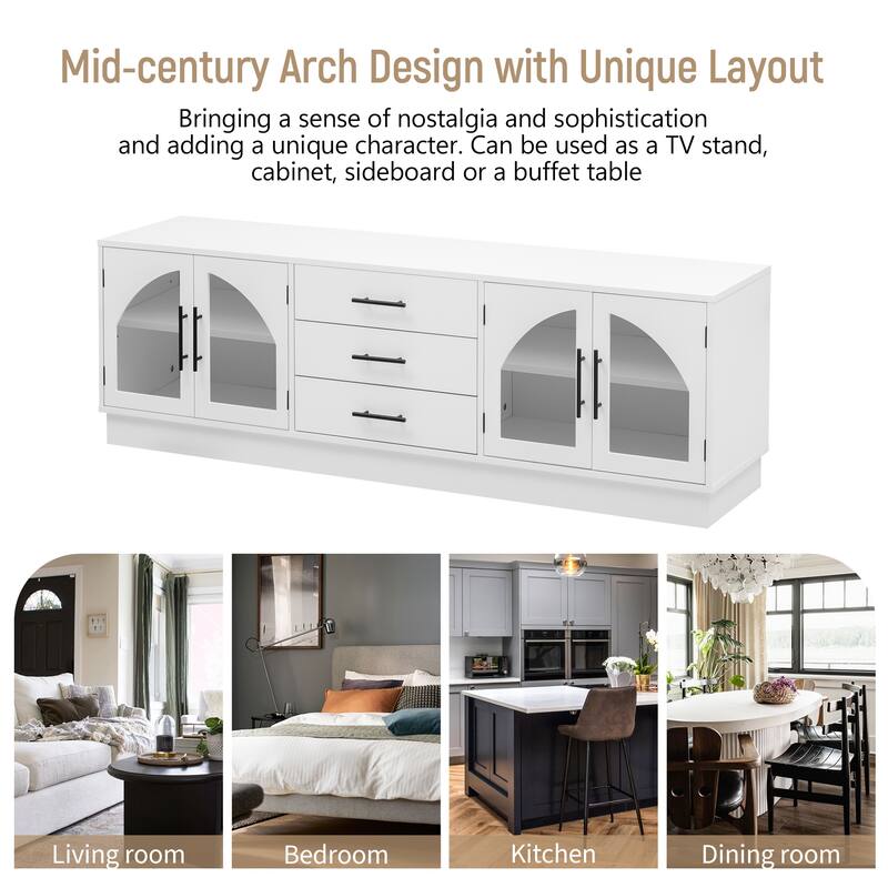 68.9" Glass TV Stand with Arched Design and 3 Drawers