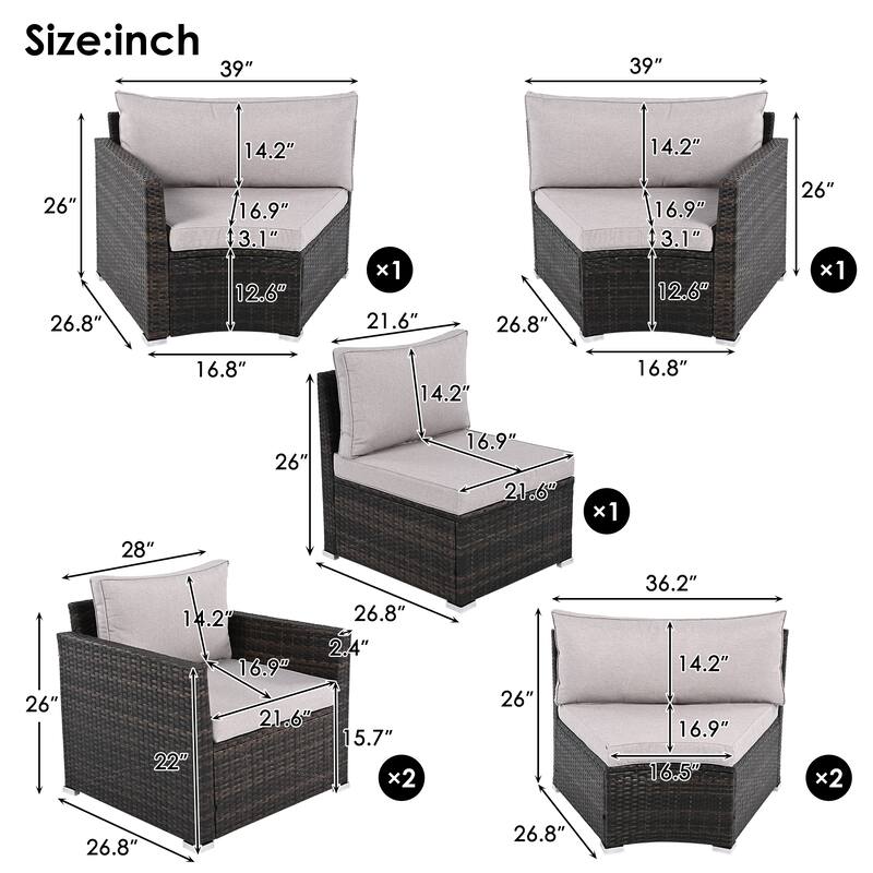 9-Pieces Wicker Outdoor Half-moon Patio Sofa Set, Round Sofa Set, Modern Sofa, with 2 Free Overlapping Tables and Cushion