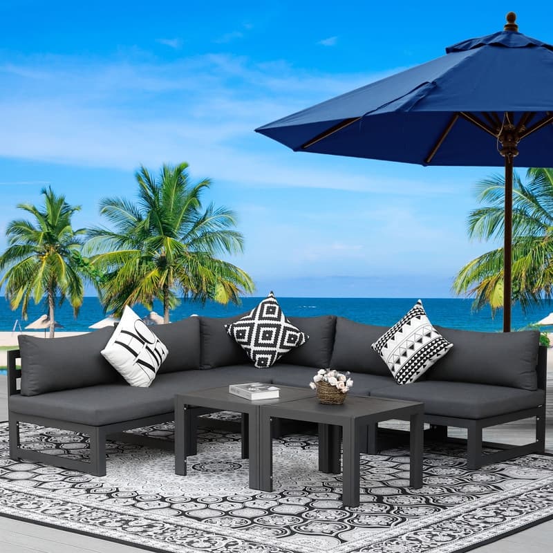 FINCATI Aluminum Outdoor Patio Furniture Conversation Sectional Sofa Set - 7 Pieces/Sectional - Dark Grey