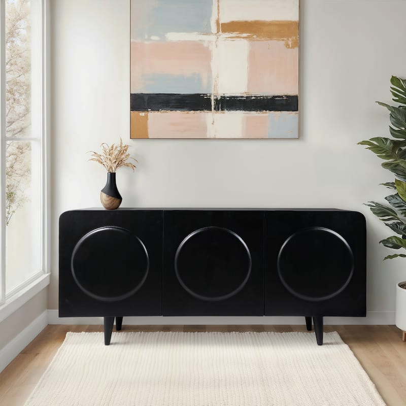 Wood and Oak Veneer Cabinet with Circular Panel Design - 63" Black - 63" x 15" x 30"