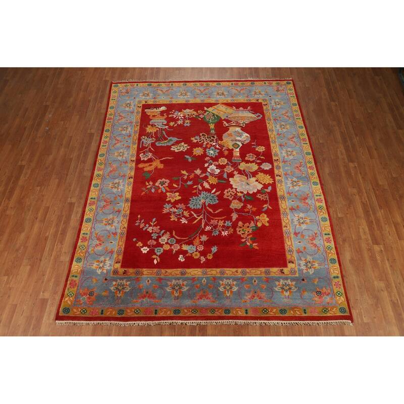Pictorial Red Floral Art Deco Indian Area Rug HandKnotted Wool Carpet