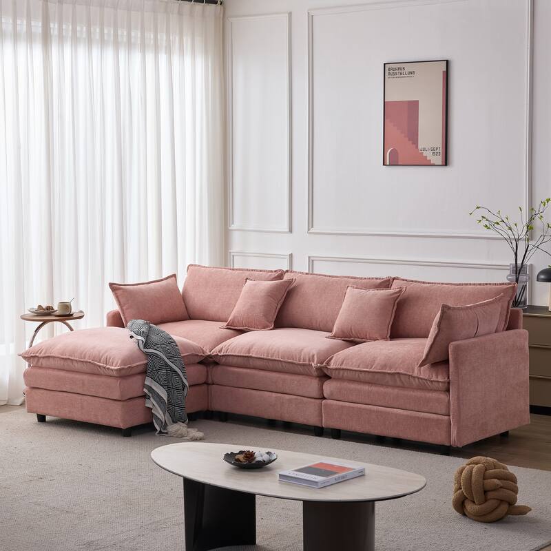 105" Modular Sectional Sofa with Ottoman, Upholstered Chenille Fabric 3-Seater