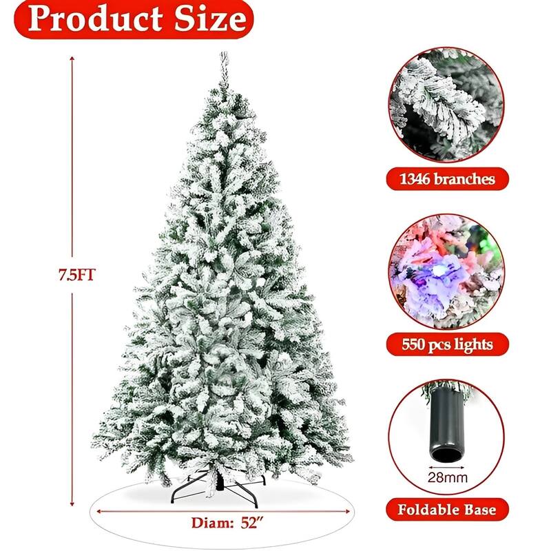 7.5ft Snow-Flocked Artificial Pine Christmas Tree with Dual-Color 550 LED Lights, 1500 Branch Tips & Easy-Assembly Metal Base