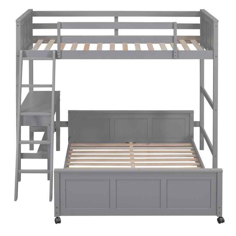 Twin Loft Bed, Full Platform Bed with Wheels, Twin Over Full Bunk Bed with Writing Desk, Ladder, Guardrail and 2 Drawers