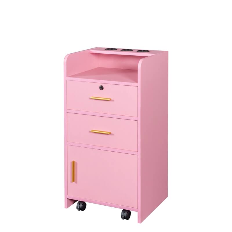 Roomfitters Salon Storage Cabinet, Rolling Beauty Station with Lockable Drawers and Hair Dryer Holder, Pink