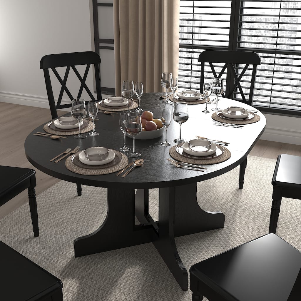 43"-59" Extendable Round Dining Table with X-Shaped Base & Removable Leaf, Kitchen Table with Adjustable Length