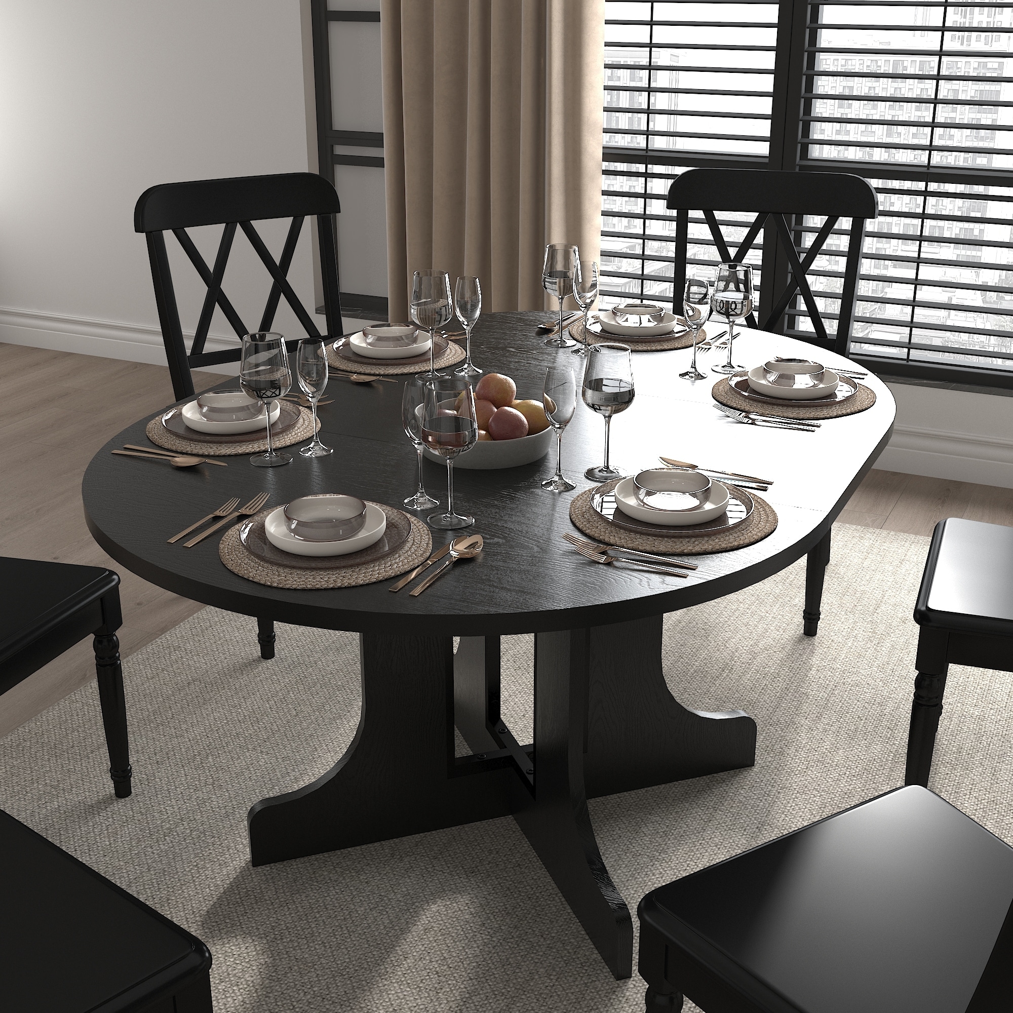 43"-59" Extendable Round Dining Table with X-Shaped Base & Removable Leaf, Kitchen Table with Adjustable Length