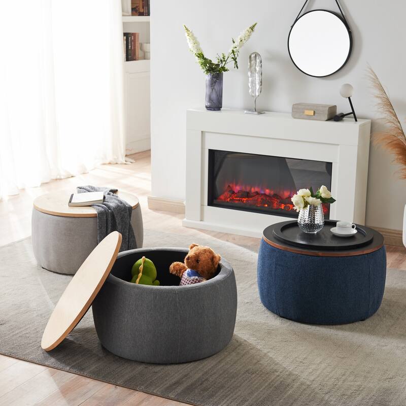 Round Fabric Storage Ottoman with 2 in 1 Function