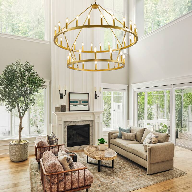 47.2'' 36-Lights Candle Dimmable Two Tiers Wagon Wheel Chandelier Ceiling Pendant Light