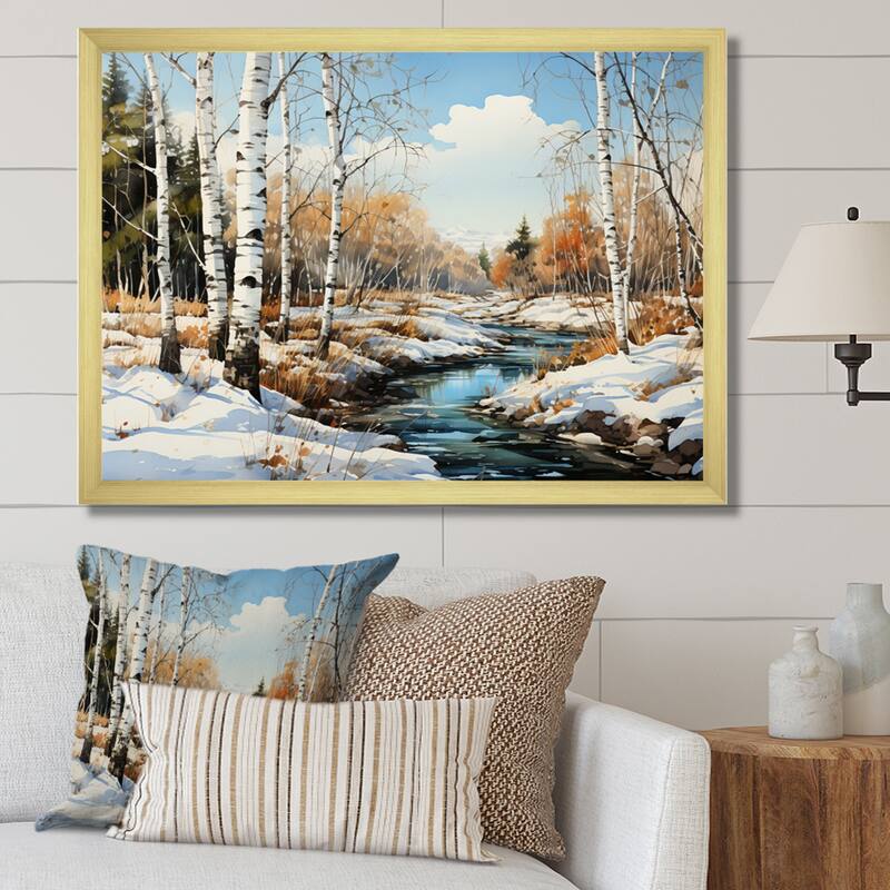 Designart "Birch Woods Winter Whispers III" Tree Birch Framed Wall Art Living Room - Gold - 44 in. wide x 34 in. high