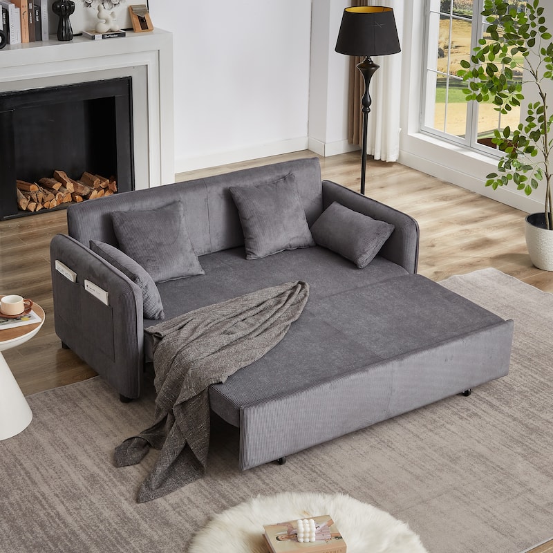 3-in-1 Pull Out Sleeper Sofa Bed, Convertible Corduroy Loveseat Couch with Casters, 4 Pillows and Side Pockets for Living Room - Grey