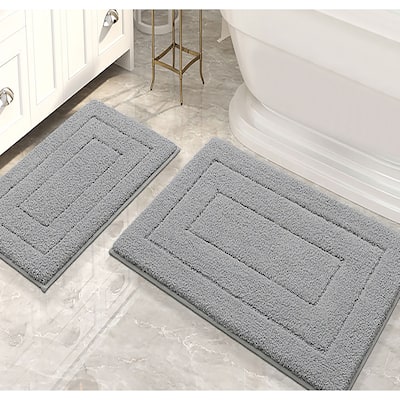 Silver 2 Piece Bordered Box Plush Soft Cozy 100% Polyester Bath Mat Set