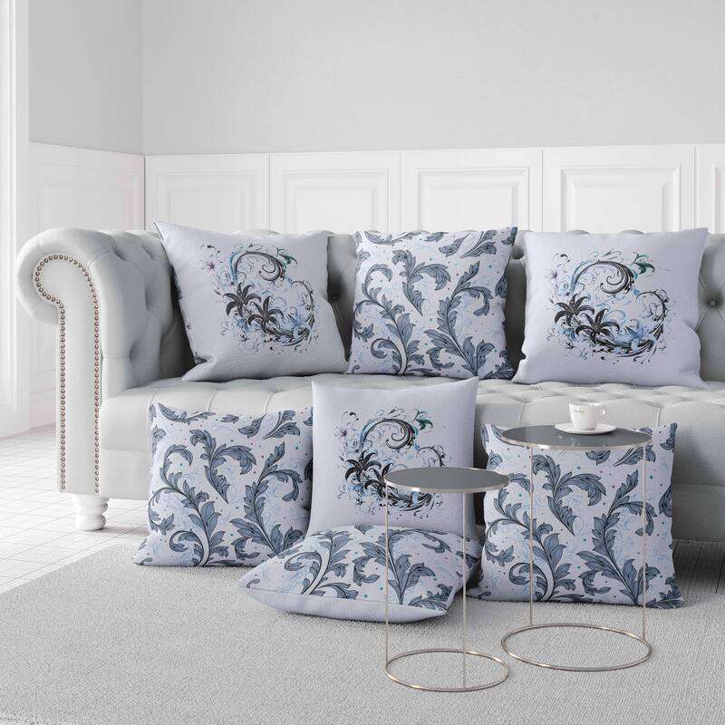 Skyblue And Black Petal and Swirl Indoor/Outdoor Throw Pillow Zipper