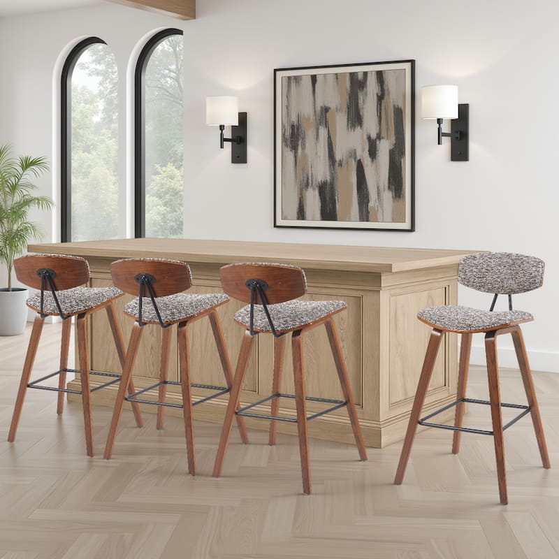 Fox Mid-Century Bar Stool, Upholstered Counter Height Chair with Bentwood Legs - Set of 4 - Speckled Brown Fabric & Walnut - Bar Height