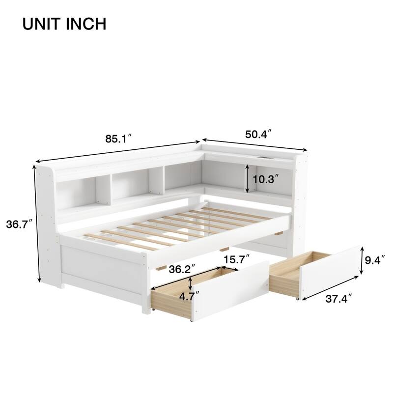 Twin Size L-shaped Bookcases Bed with Power Outlets, USB Charging Ports and Two Drawers