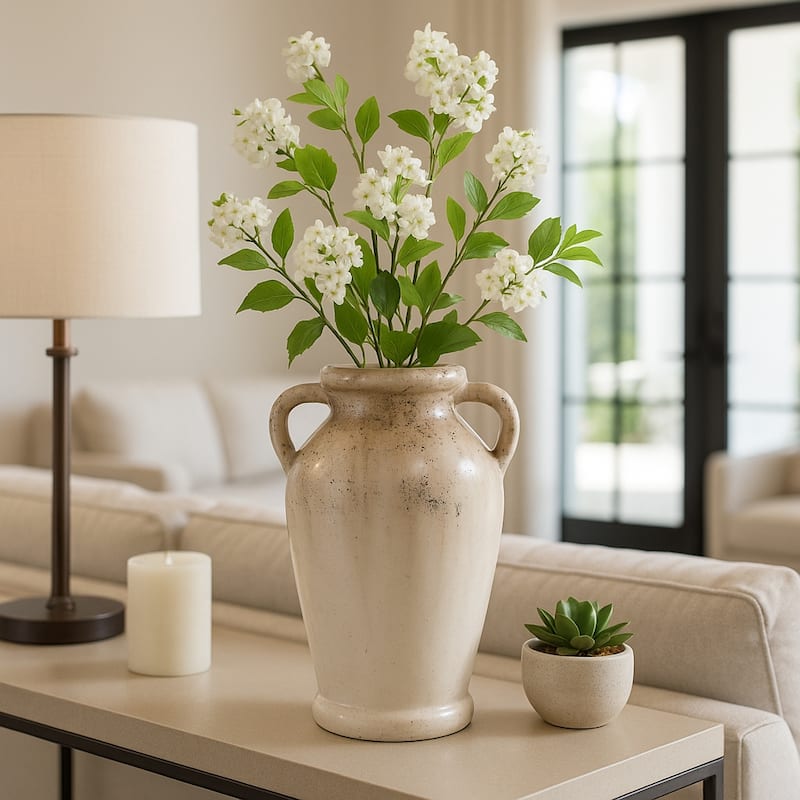 Modern Terracotta Tall Vase with Speckled Finish - Ivory & Brown - 12.0"