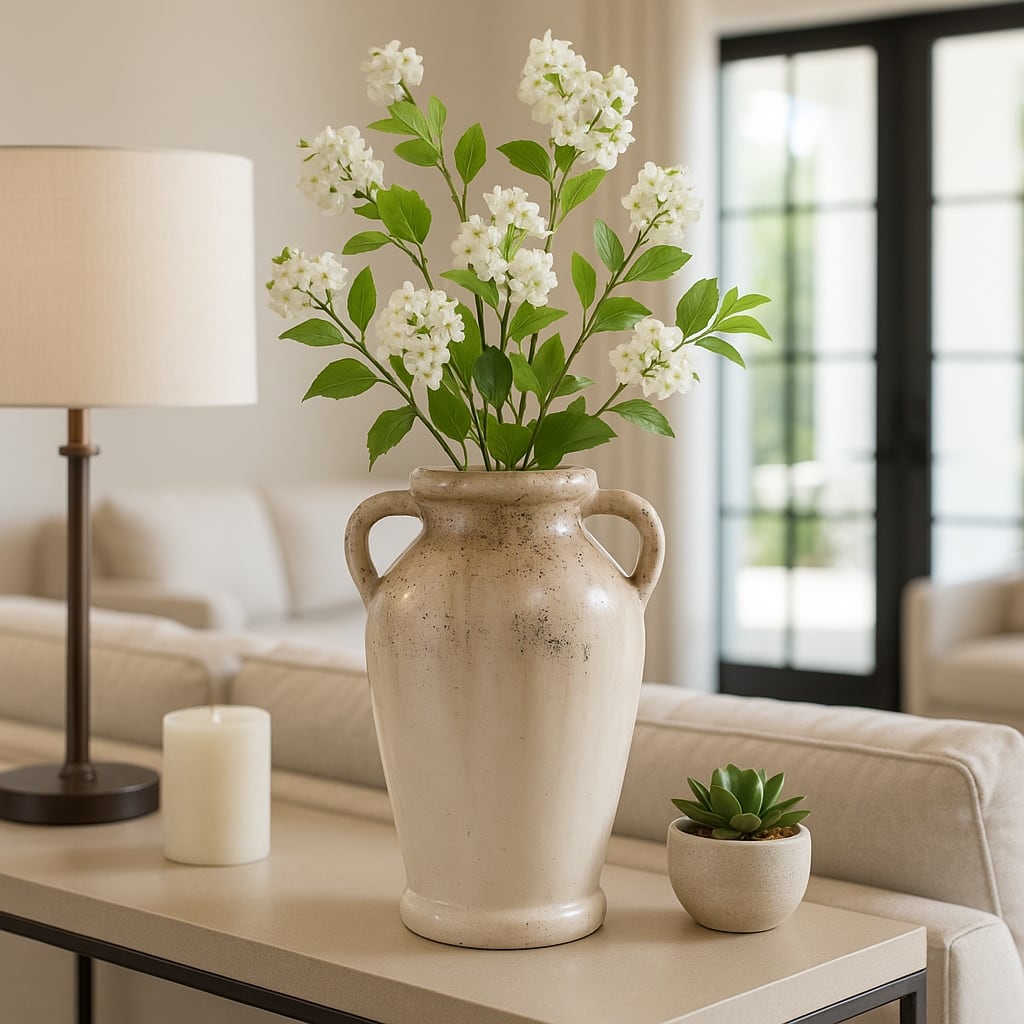 Modern Terracotta Tall Vase with Speckled Finish - Ivory & Brown