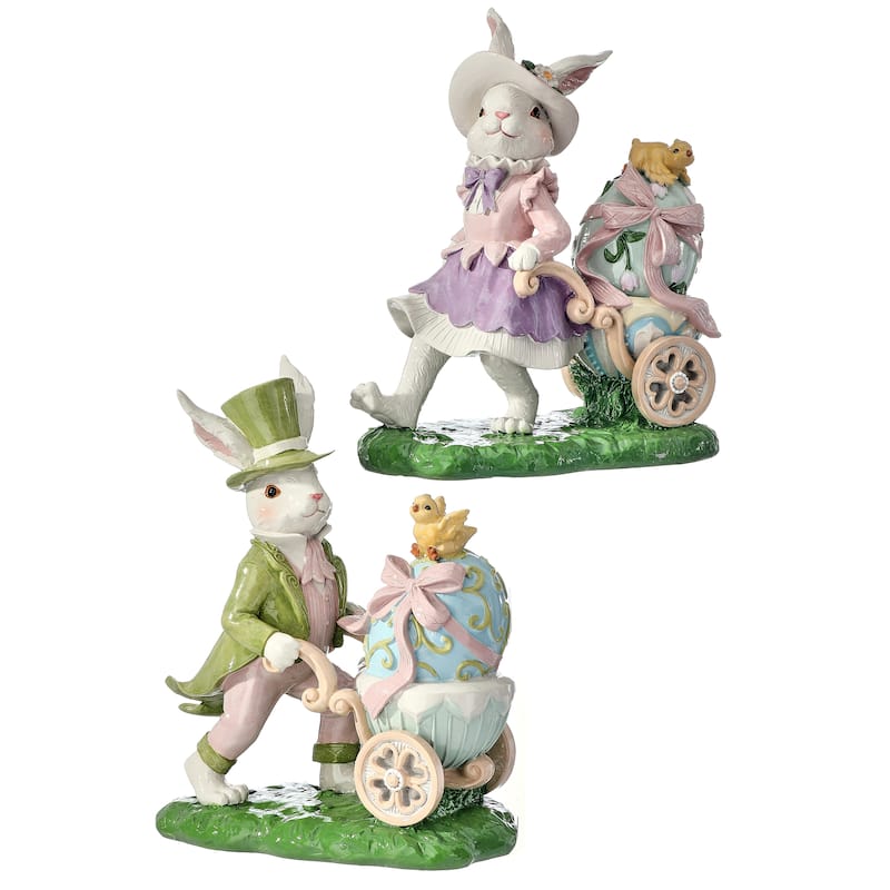 9" Resin Boy And Girl Bunny With Egg Cart Set of 2