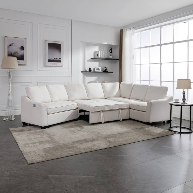 129.5" Sectional Sleeper Sofa with Pull-Out Bed Modern L-Shape Couch Bed
