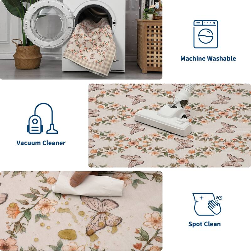 Butterfly Pattern Rugs for Living Room, Modern Floral Area Rug, Washable Border Plaid Non Slip Floor Carpet