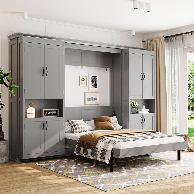 Queen Murphy Bed with Sliding Storage Cabinets & Shelves - Large Capacity Wall Bed System - Grey - Queen
