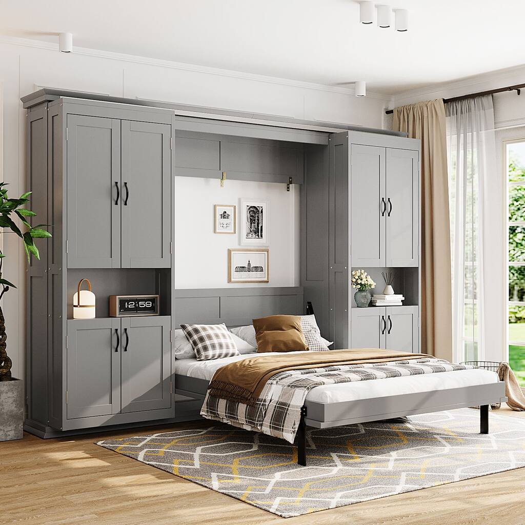 Roomfitters Full Wall Murphy Bed with Dual Sliding Storage Cabinets and Shelves Grey