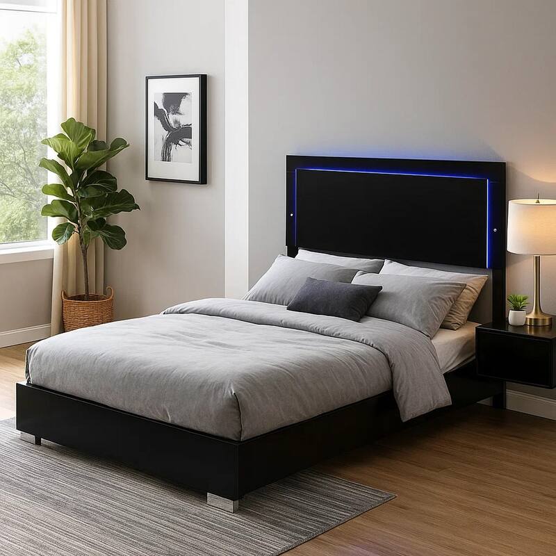 Suni King Size Bed w LED Headboard, Piano Black Wood Frame