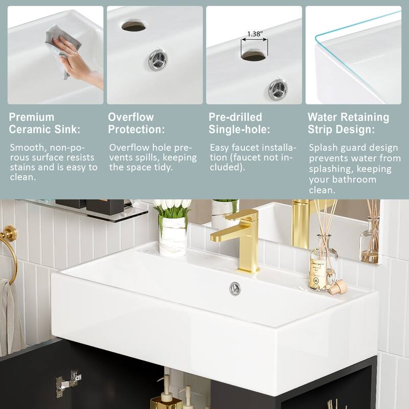Bathroom Vanity With Combo Cabinet And Single Ceramic Sink, Right Side Storage, 21.6 Inches