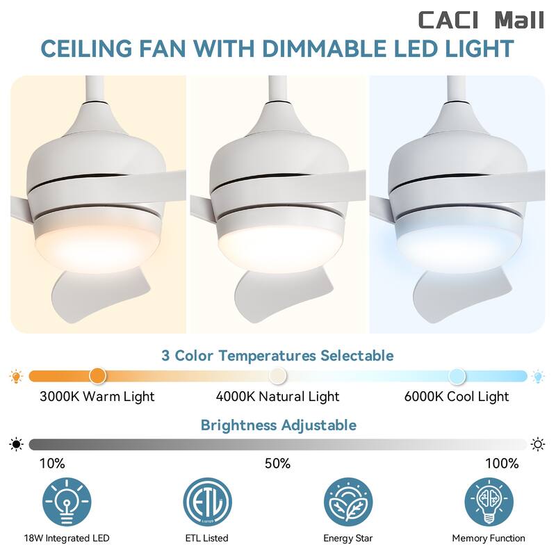 52/60 Inch Ceiling Fan with Integrated LED Light and Remote Control Quiet DC Motor