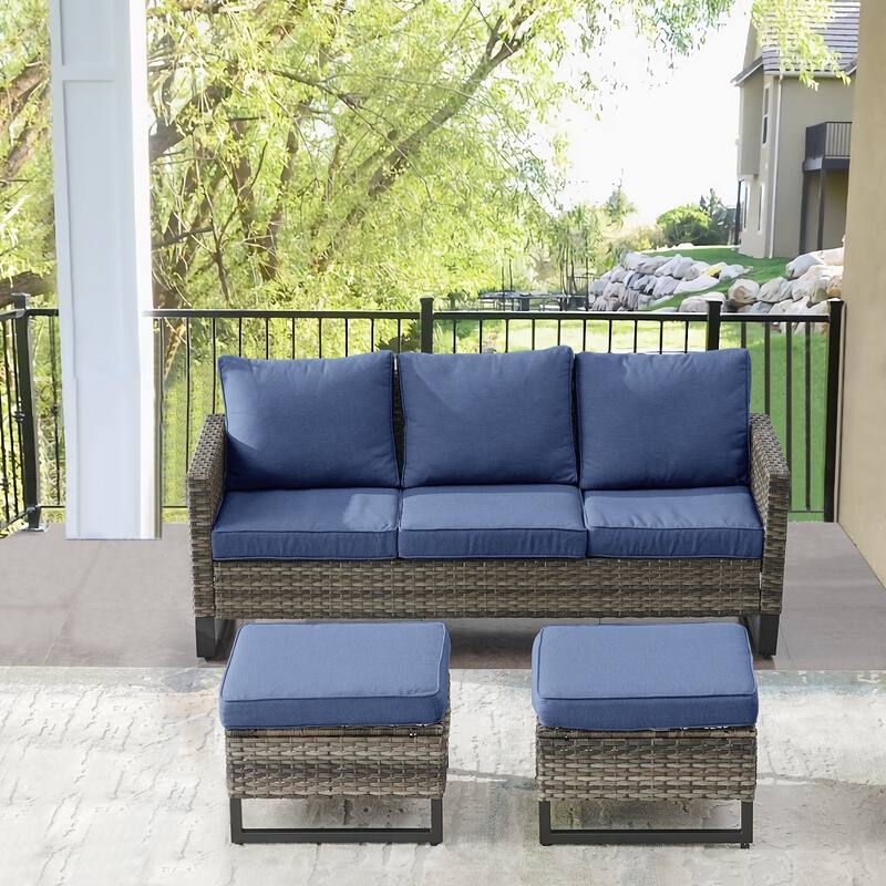 Gymojoy Outdoor Patio Wicker Sofa with Ottomans - Grey - Blue