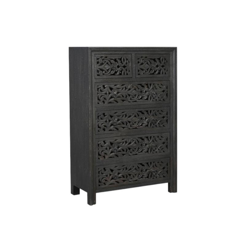 HomeRoots 35" Black Carved Floral Solid Wood Six Drawer Dresser